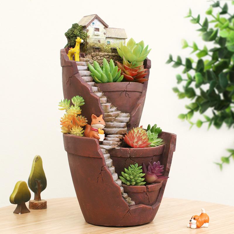 Chậu cây treo phong cách châu Âu, tiểu cảnh Sky City, chậu cây vintage để bàn (RG-131)