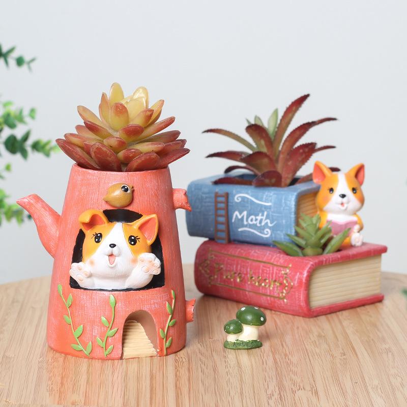 Chậu cây mọng nước hình chó Corgi resin, chậu mini để bàn, trang trí nhà và văn phòng (RG-143)