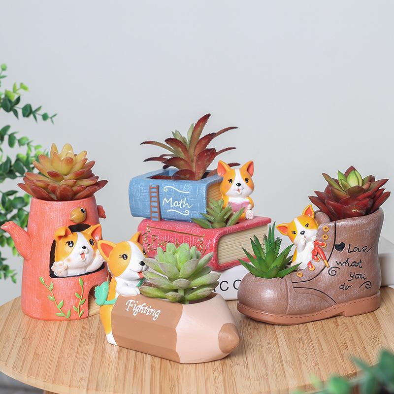 Chậu cây mọng nước hình chó Corgi resin, chậu mini để bàn, trang trí nhà và văn phòng (RG-143)