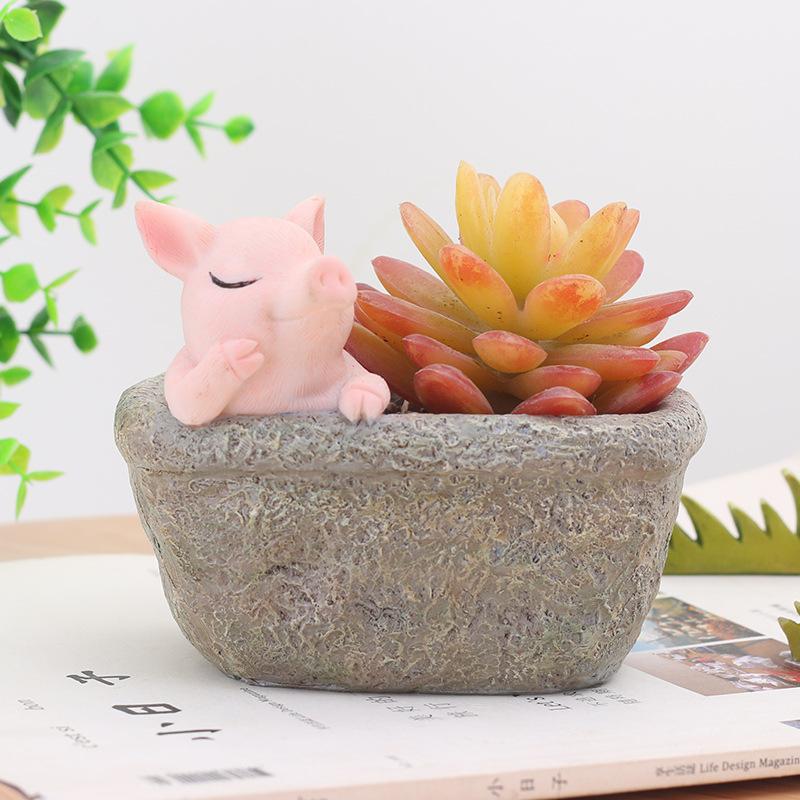 Chậu cây hình heo đồng quê resin, chậu mini để bàn, đồ trang trí nhà và sân vườn (RG-137)