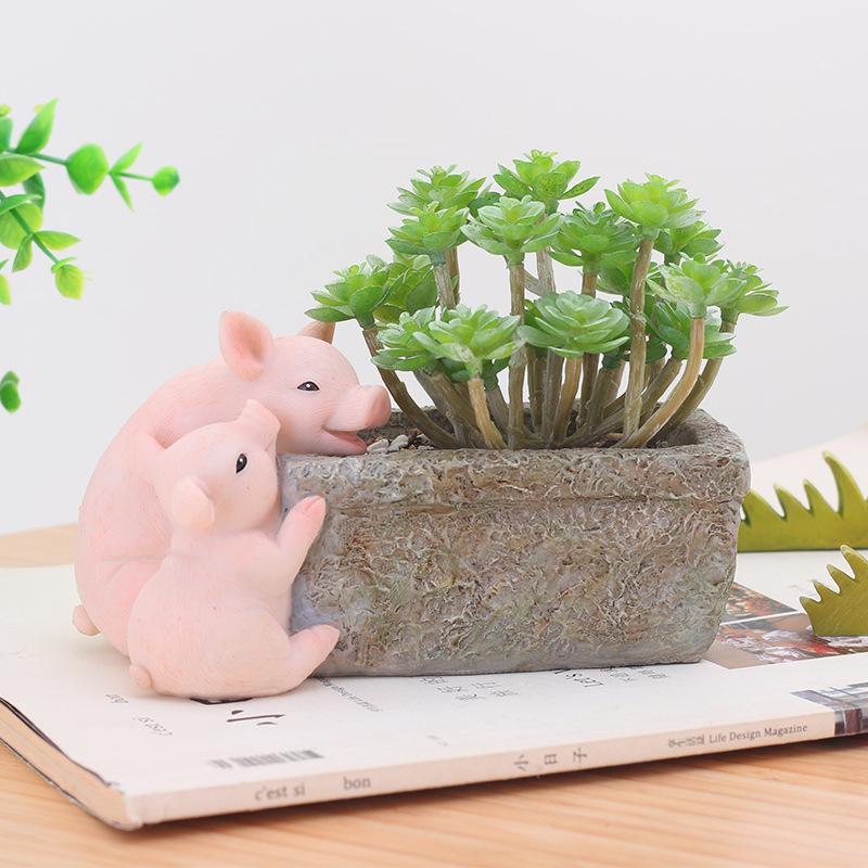 Chậu cây hình heo đồng quê resin, chậu mini để bàn, đồ trang trí nhà và sân vườn (RG-137)