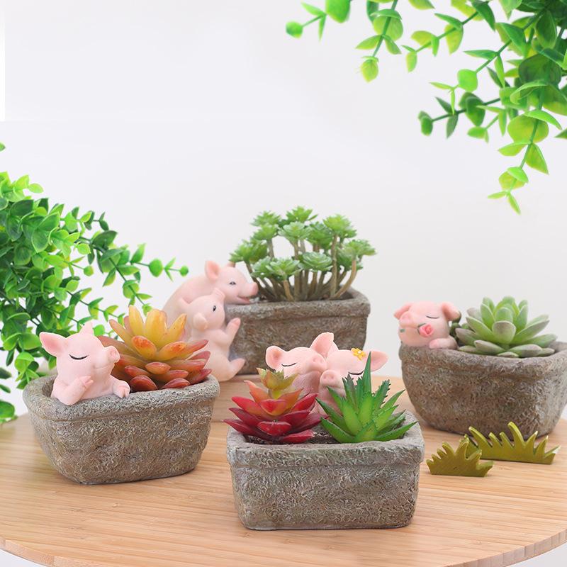 Chậu cây hình heo đồng quê resin, chậu mini để bàn, đồ trang trí nhà và sân vườn (RG-137)