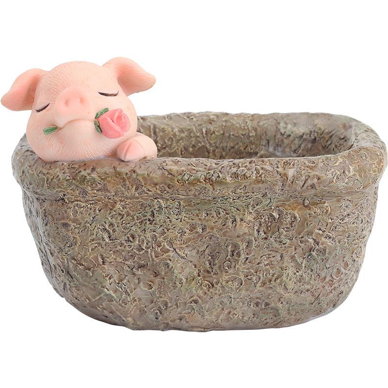 Chậu cây hình heo đồng quê resin, chậu mini để bàn, đồ trang trí nhà và sân vườn (RG-137)