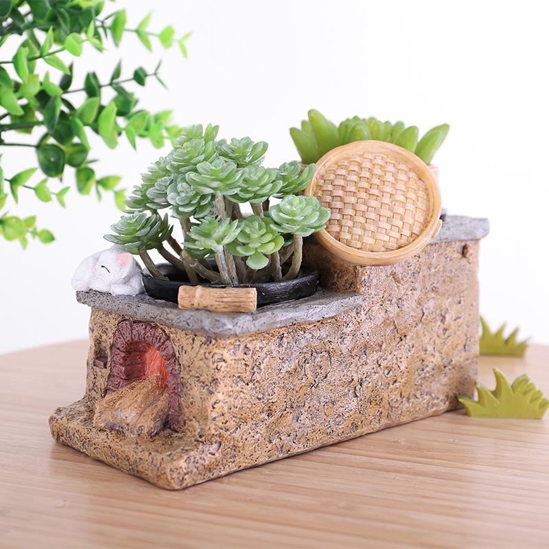 Chậu cây resin hình bếp nông trại vintage, chậu mọng nước mini DIY, trang trí nhà và sân vườn (RG-269)
