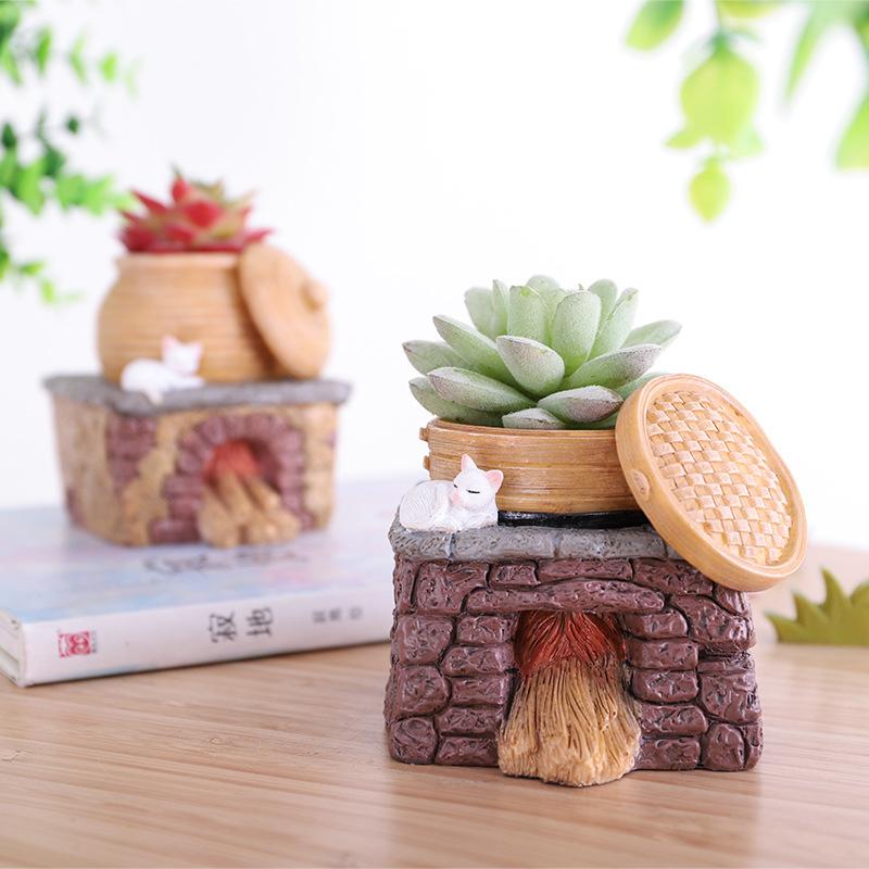 Chậu cây resin hình bếp nông trại vintage, chậu mọng nước mini DIY, trang trí nhà và sân vườn (RG-269)