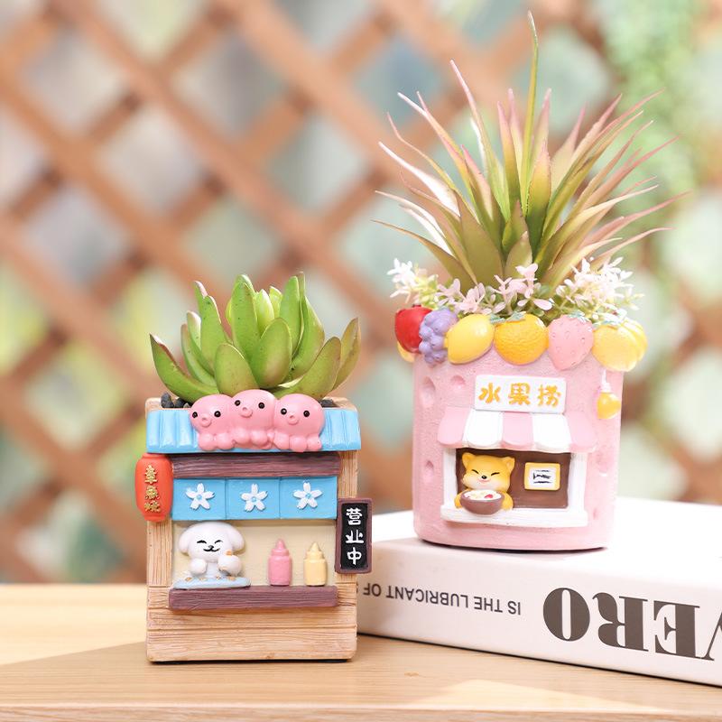 Chậu cây mọng nước hình cửa hàng đồ ăn hoạt hình, chậu mini resin, trang trí nhà và văn phòng (RG-94)