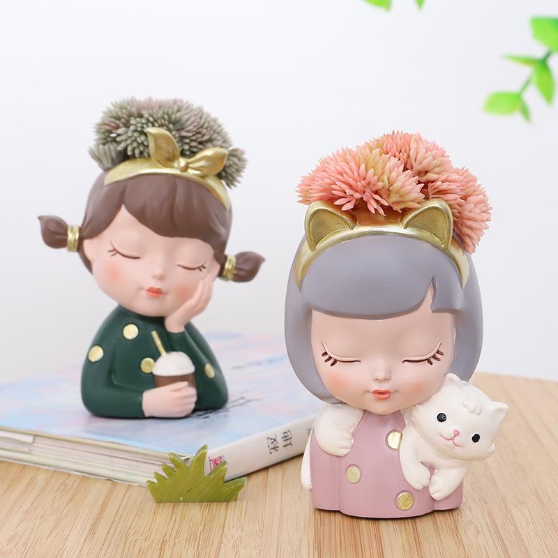 Chậu cây mọng nước hình cô gái resin phong cách châu Âu, chậu mini để bàn, trang trí cây xanh (RG-92)