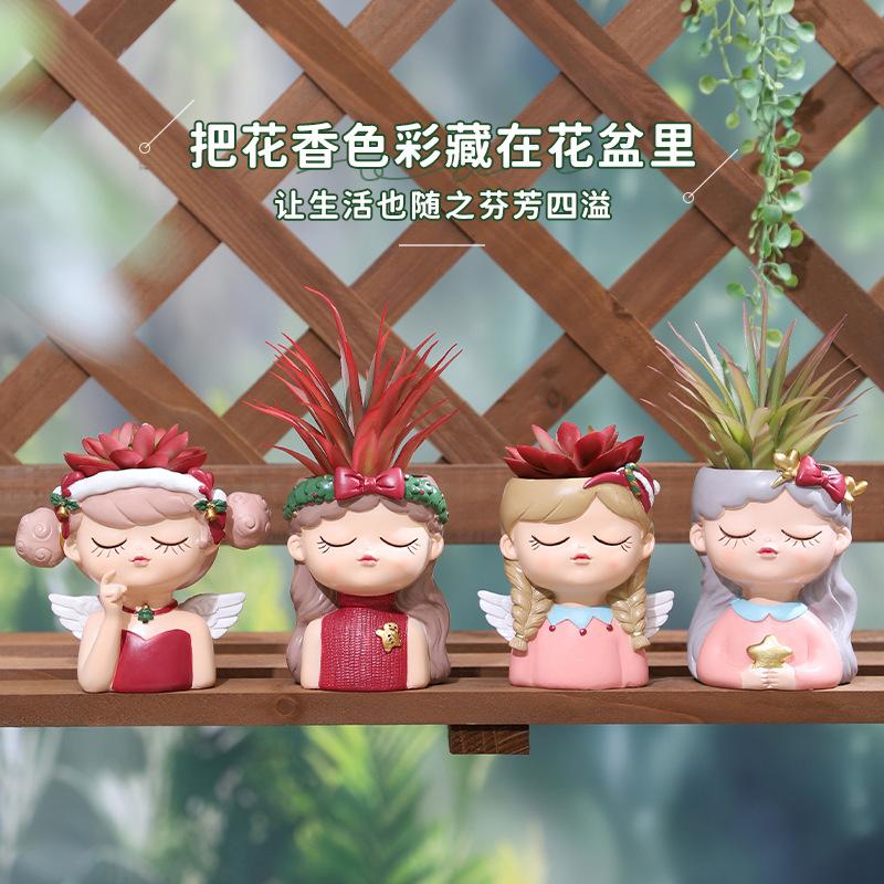 Chậu cây hình cô gái hoạt hình resin, chậu mọng nước mini, trang trí nhà, ban công và sân vườn (RG-112)