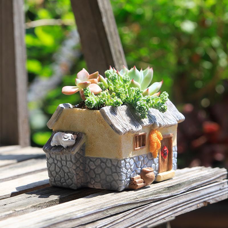 Chậu cây mọng nước hình nhà đồng quê mini resin, chậu tiểu cảnh để bàn, trang trí nhà và văn phòng (RG-101)