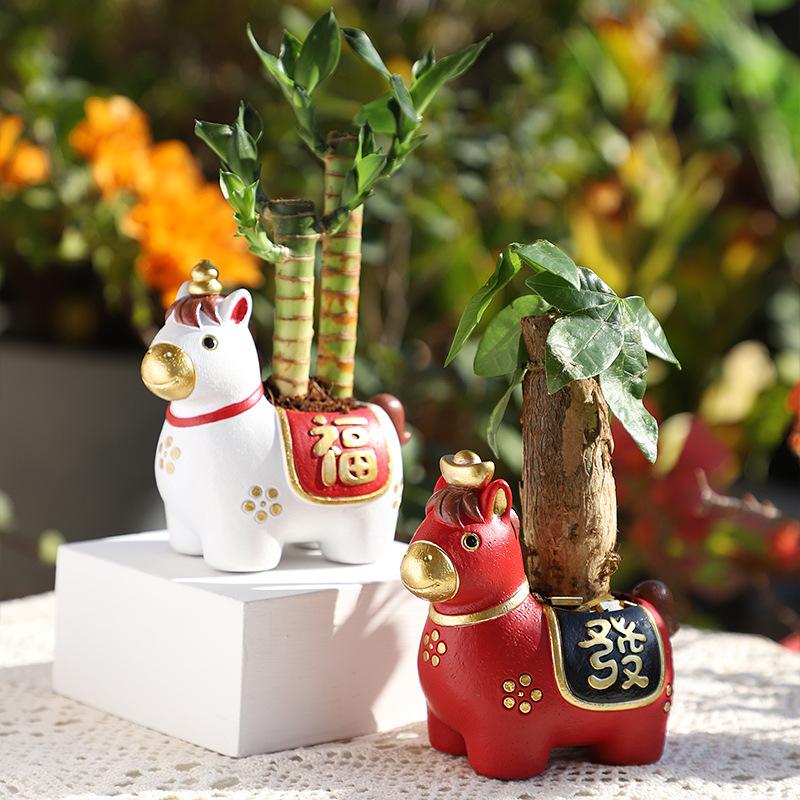 Chậu cây mọng nước hình ngựa hoạt hình resin, chậu mini chủ đề năm Ngọ, trang trí bàn (RG-98)