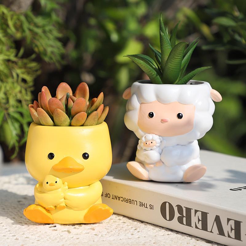Chậu cây mọng nước hình động vật ôm nhau resin, chậu mini để bàn, đồ thủ công trang trí (RG-85)