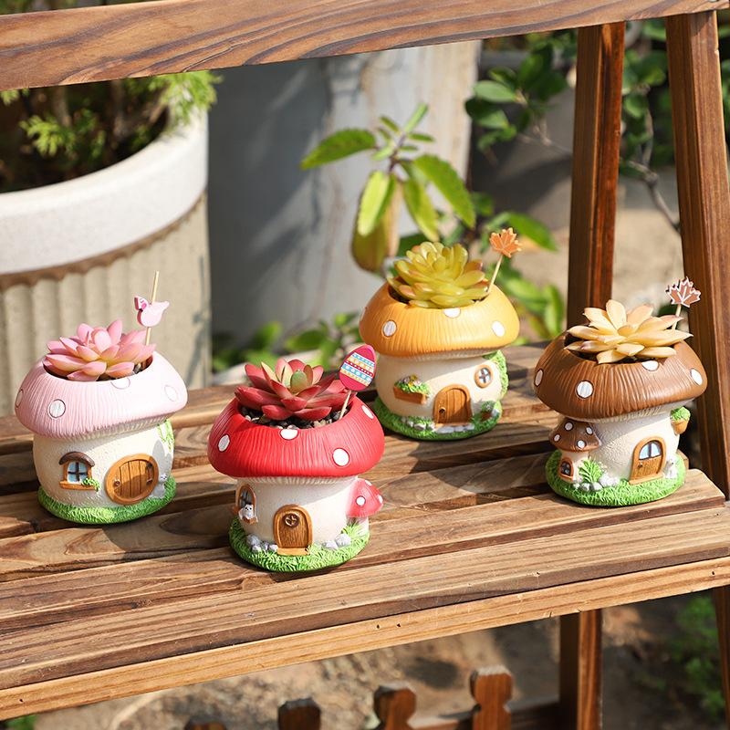 Chậu cây hình nhà nấm resin, chậu mọng nước mini, trang trí sân vườn bàn làm việc (RG-34)