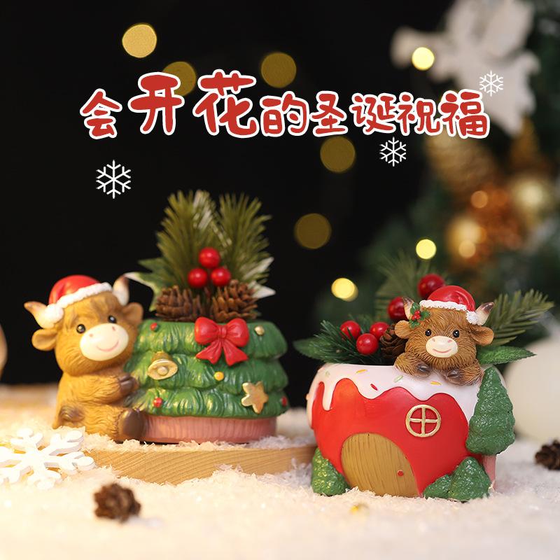 Chậu cây mọng nước hình bò Highland Giáng Sinh resin, chậu mini phong cách Bắc Âu, trang trí sân vườn (RG-204)