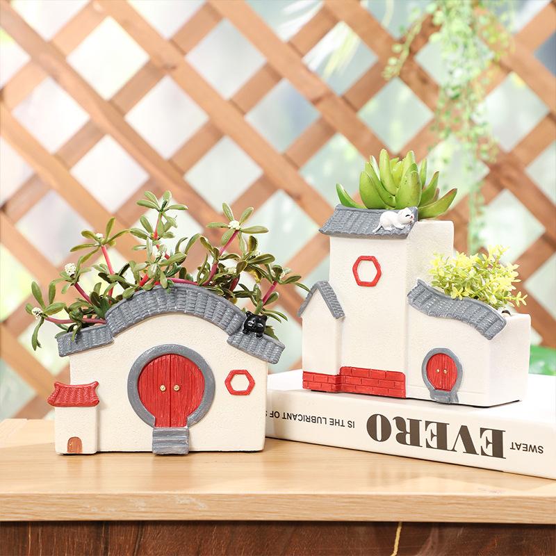 Chậu Cây Resin Chậu cây mọng nước hình nhà kiến trúc Trung Hoa, chậu mini trang trí sân vườn, ban công và văn phòng (RG-202)