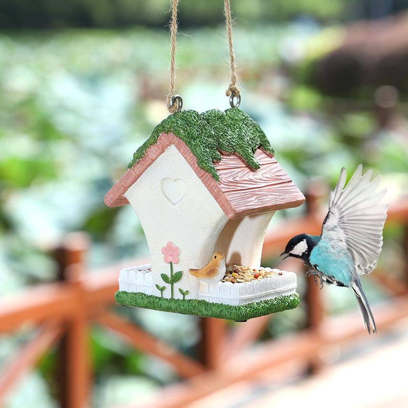 Máng ăn chim resin hình ngôi nhà, phụ kiện treo sân vườn, đồ trang trí và tiểu cảnh ngoài trời (RG-211)