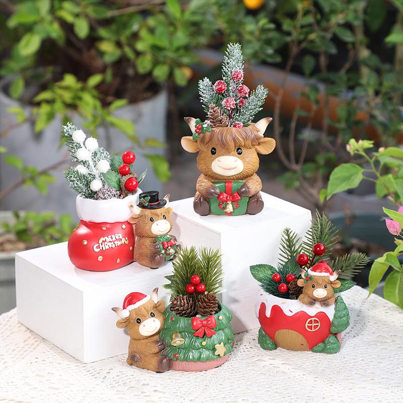 Chậu cây mọng nước hình bò Highland Giáng Sinh resin, chậu mini phong cách Bắc Âu, trang trí sân vườn (RG-204)