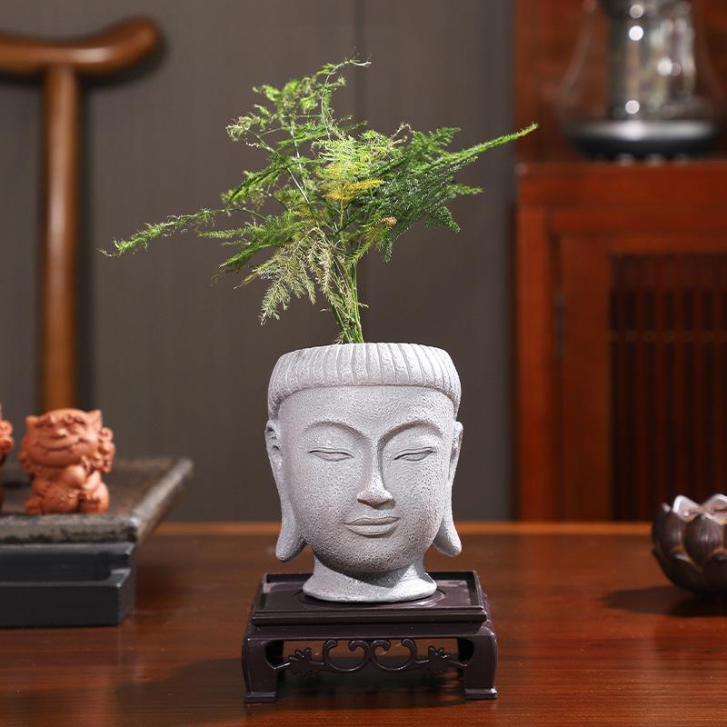 Chậu cây resin giả xi măng hình đầu Phật, chậu mọng nước mini, trang trí nhà và sân vườn (RG-110)