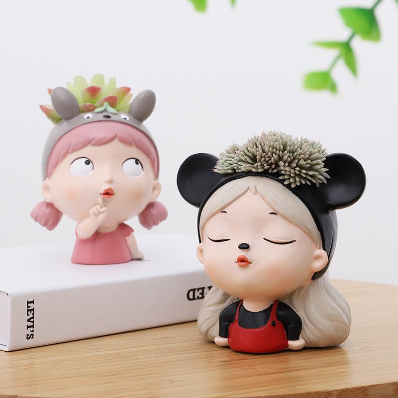 Chậu cây mọng nước hình cô gái hoạt hình resin, chậu mini để bàn, trang trí tiểu cảnh và sân vườn (RG-82)