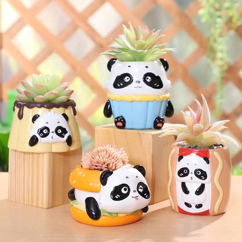 Chậu cây mọng nước hình gấu trúc hamburger resin, chậu mini để bàn, trang trí ban công và sân vườn (RG-104)
