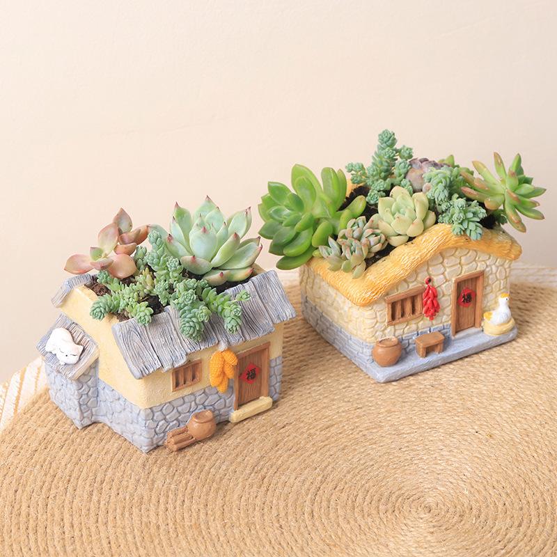 Chậu Cây Resin Chậu cây mọng nước hình nhà đồng quê mini resin, chậu tiểu cảnh để bàn, trang trí nhà và văn phòng (RG-101)