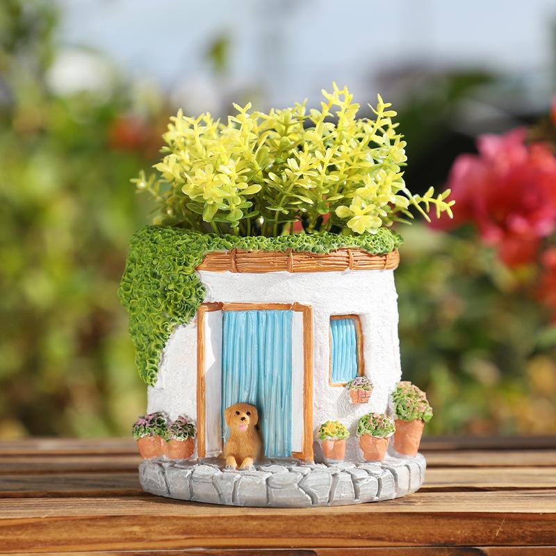 Chậu cây hình ngôi nhà màu hồng resin, chậu mọng nước mini, trang trí bàn làm việc (RG-17)