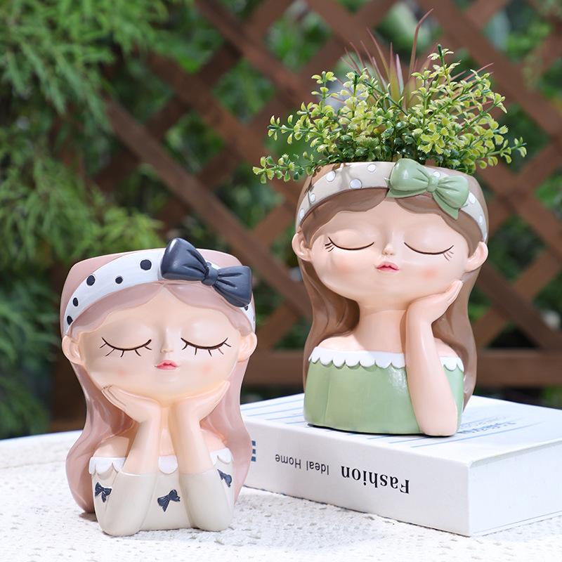 Chậu cây mọng nước hình cô gái hoạt hình resin, chậu mini trang trí nhà, ban công và sân vườn (RG-208)