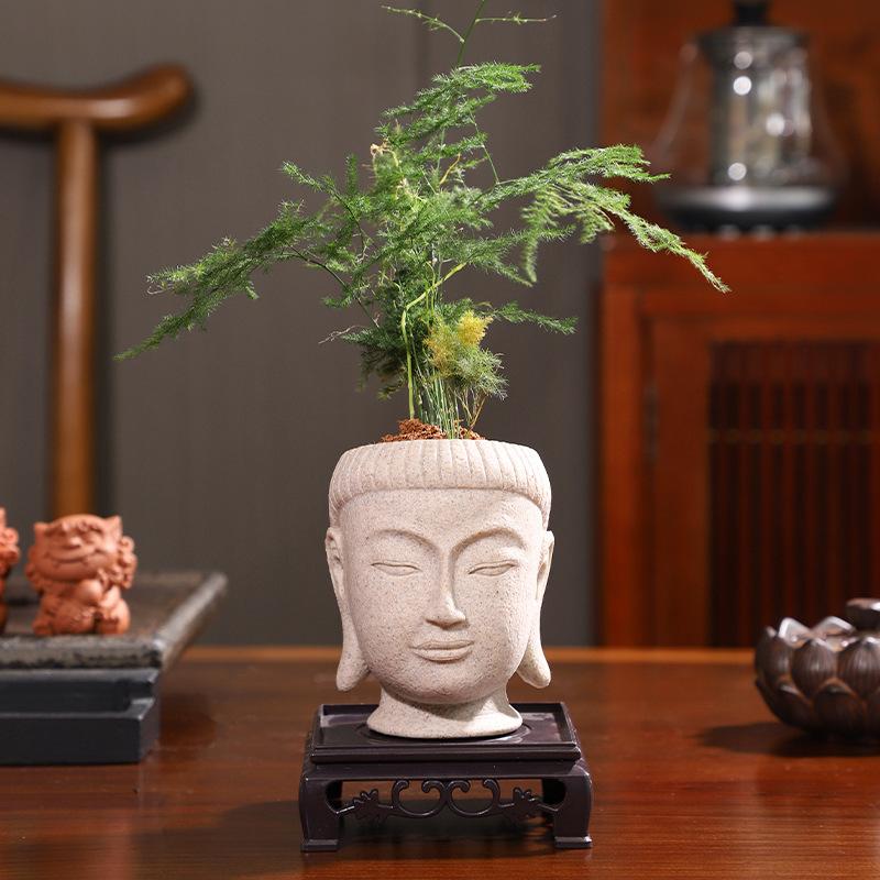 Chậu cây resin giả xi măng hình đầu Phật, chậu mọng nước mini, trang trí nhà và sân vườn (RG-110)