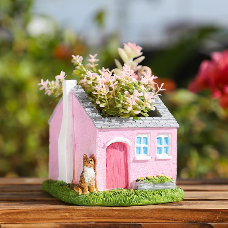 Chậu cây hình ngôi nhà màu hồng resin, chậu mọng nước mini, trang trí bàn làm việc (RG-17)