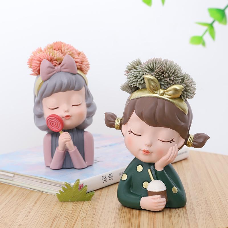 Chậu cây mọng nước hình cô gái resin phong cách châu Âu, chậu mini để bàn, trang trí cây xanh (RG-92)