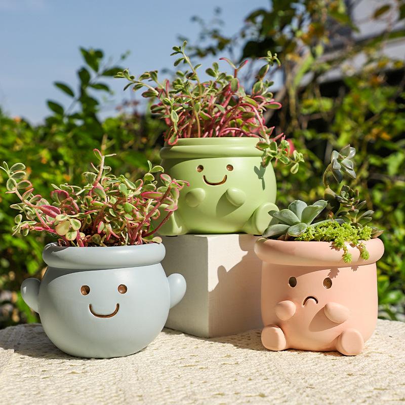 Chậu cây mọng nước mặt cười resin, chậu mini để bàn, trang trí sân vườn và ban công (RG-75)