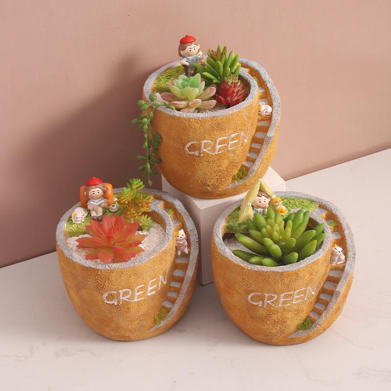 Chậu cây mọng nước resin phong cách đồng quê, chậu mini DIY trang trí bàn, ban công và sân vườn (RG-254)