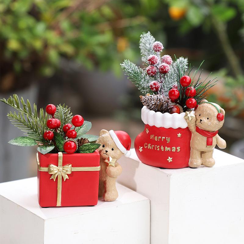 Chậu cây mọng nước hình gấu Giáng Sinh resin, chậu mini trang trí sân vườn, nhà và bàn làm việc (RG-89)