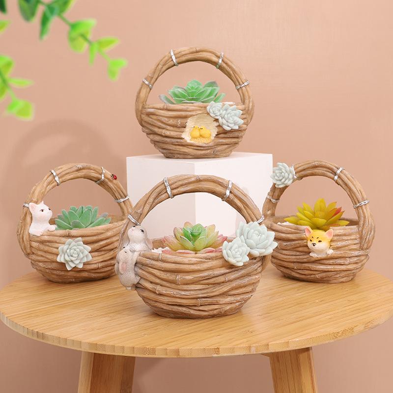 Chậu cây mọng nước hình giỏ tre resin, chậu mini động vật, trang trí tiểu cảnh và cây xanh (RG-259)