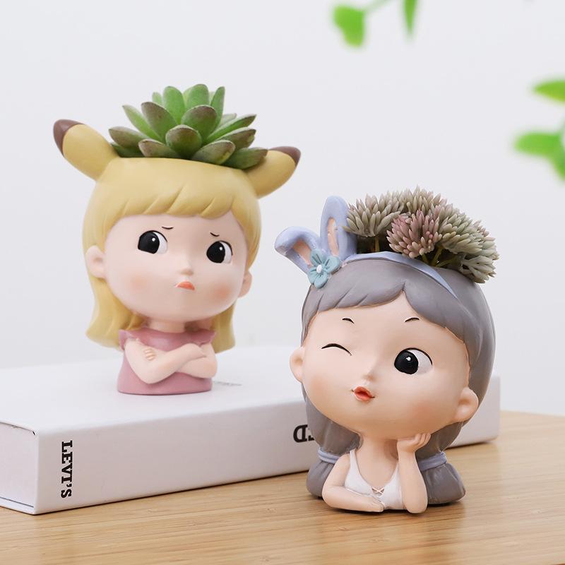 Chậu cây mọng nước hình cô gái hoạt hình resin, chậu mini để bàn, trang trí tiểu cảnh và sân vườn (RG-82)