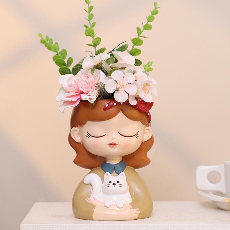 Chậu cây hình bé gái resin, chậu mini để bàn, trang trí ban công, sân vườn và nhà (RG-229)