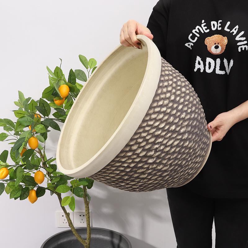 Chậu cây resin giả gốm cỡ lớn, chậu tròn phong cách Bắc Âu, chậu cây trang trí phòng khách (RG-141)
