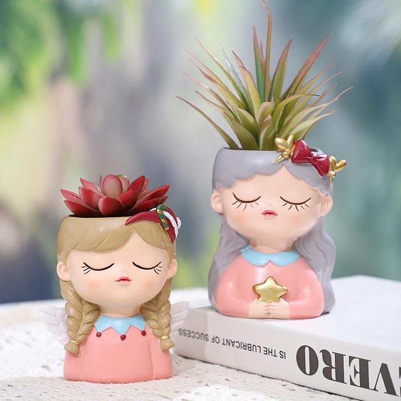 Chậu cây hình cô gái hoạt hình resin, chậu mọng nước mini, trang trí nhà, ban công và sân vườn (RG-112)
