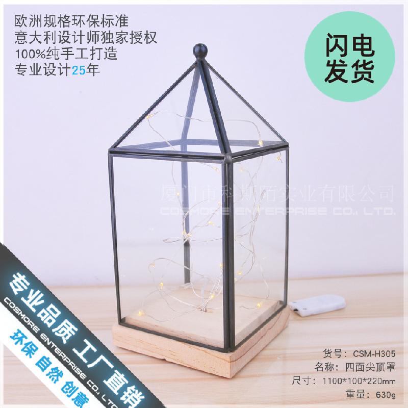 Đèn kính gỗ đỉnh nhọn LED hoa bất tử (DG-134)