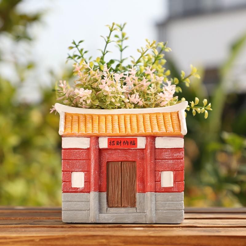 Chậu cây hình nhà cổ Phúc Kiến resin, chậu mọng nước mini, đồ thủ công văn hóa truyền thống (RG-138)