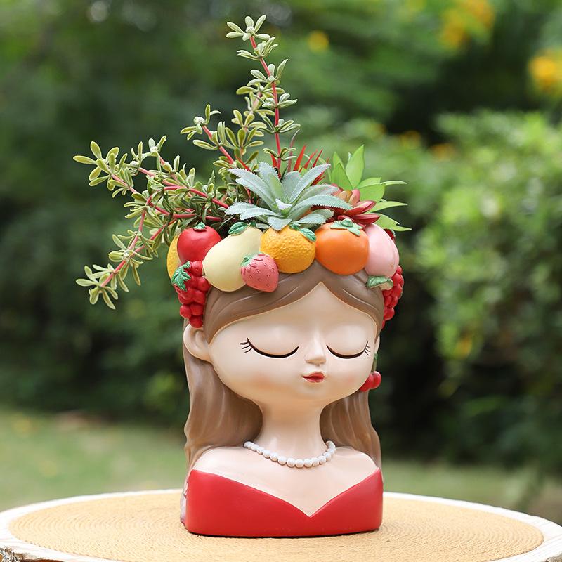 Chậu cây hình cô gái vòng hoa trái cây resin, chậu mini trang trí sân vườn, ban công và bàn làm việc (RG-214)