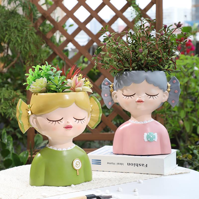 Chậu cây mọng nước hình cô gái kẹo ngọt resin, chậu mini trang trí nhà, cửa hàng và sân vườn (RG-224)