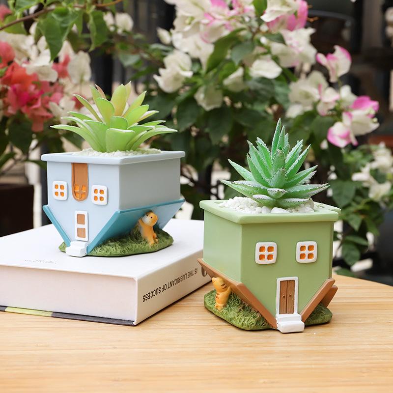 Chậu Cây Resin Chậu cây mọng nước hình ngôi nhà lộn ngược resin, chậu mini để bàn, trang trí tiểu cảnh (RG-154)