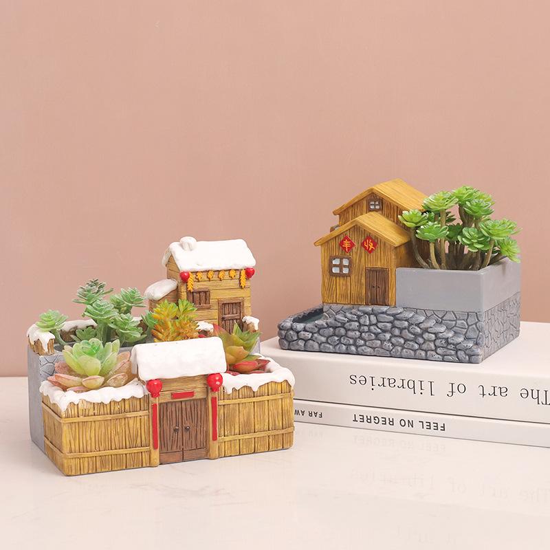Chậu cây mọng nước resin phong cách nông trại vintage, chậu mini trang trí nhà, ban công và sân vườn (RG-253)
