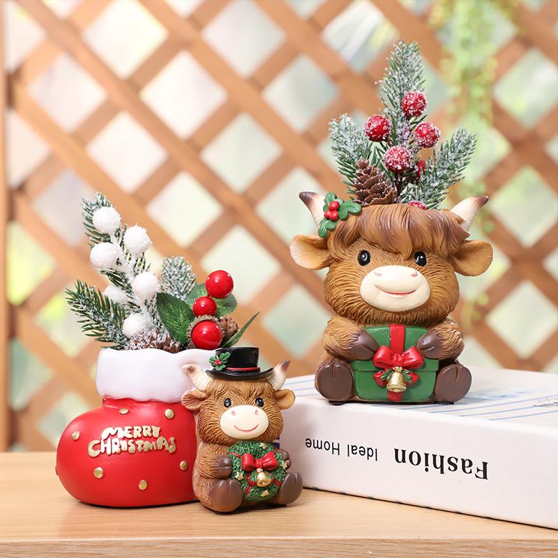 Chậu cây mọng nước hình bò Highland Giáng Sinh resin, chậu mini phong cách Bắc Âu, trang trí sân vườn (RG-204)