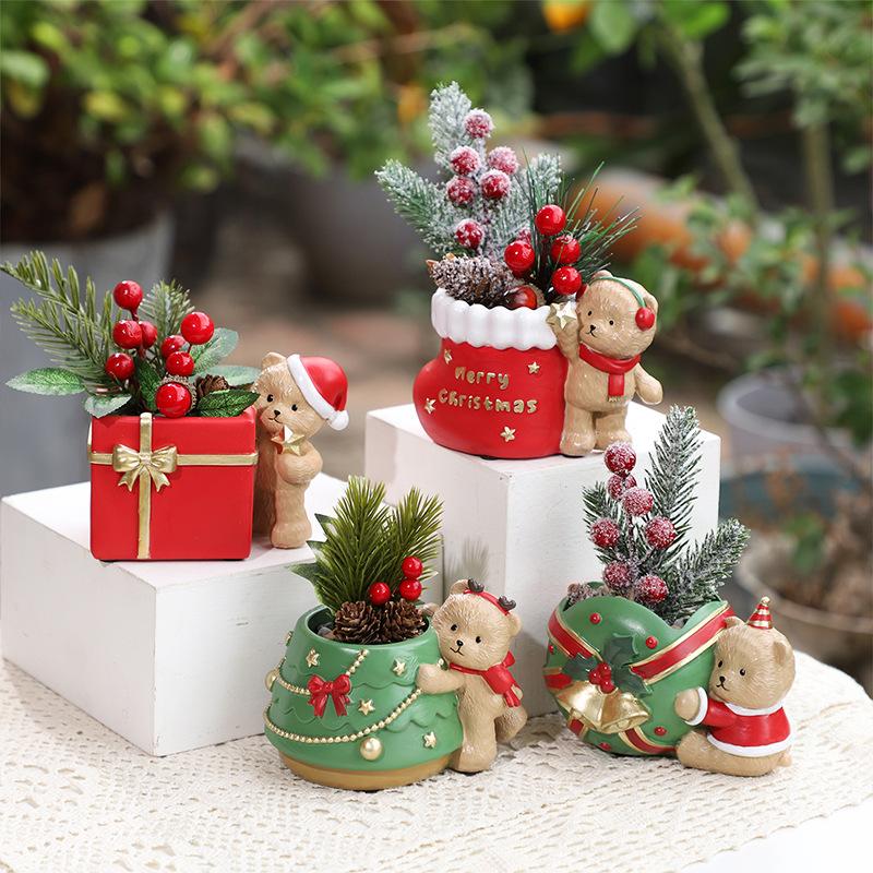 Chậu cây mọng nước hình gấu Giáng Sinh resin, chậu mini trang trí sân vườn, nhà và bàn làm việc (RG-89)