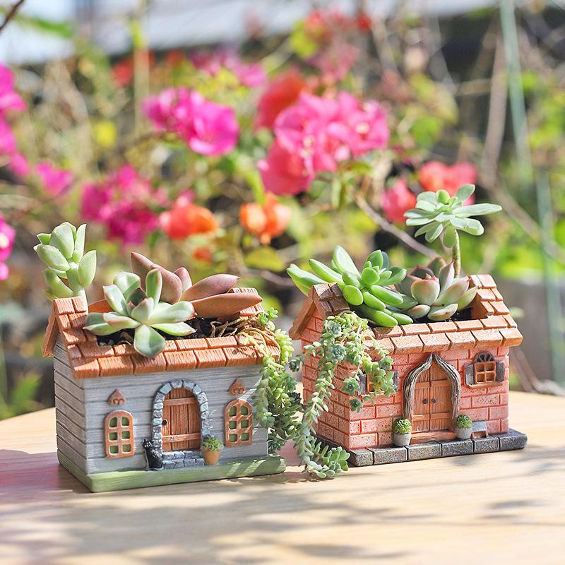 Chậu cây hình ngôi nhà đồng quê resin, chậu mọng nước mini, trang trí bàn và sân vườn (RG-80)