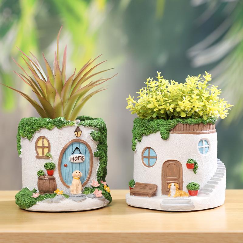 Chậu cây hình biệt thự resin, chậu mọng nước mini, trang trí sân vườn ban công và tiểu cảnh (RG-61)
