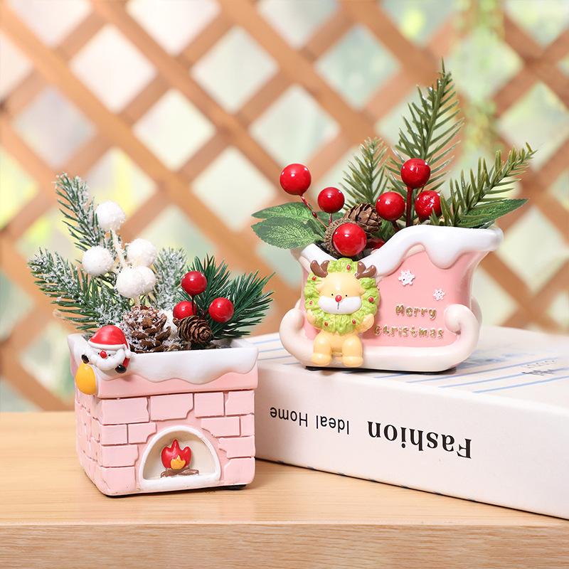 Chậu cây mọng nước Giáng Sinh resin vẽ tay, chậu mini trang trí bàn, tiểu cảnh và sân vườn (RG-205)