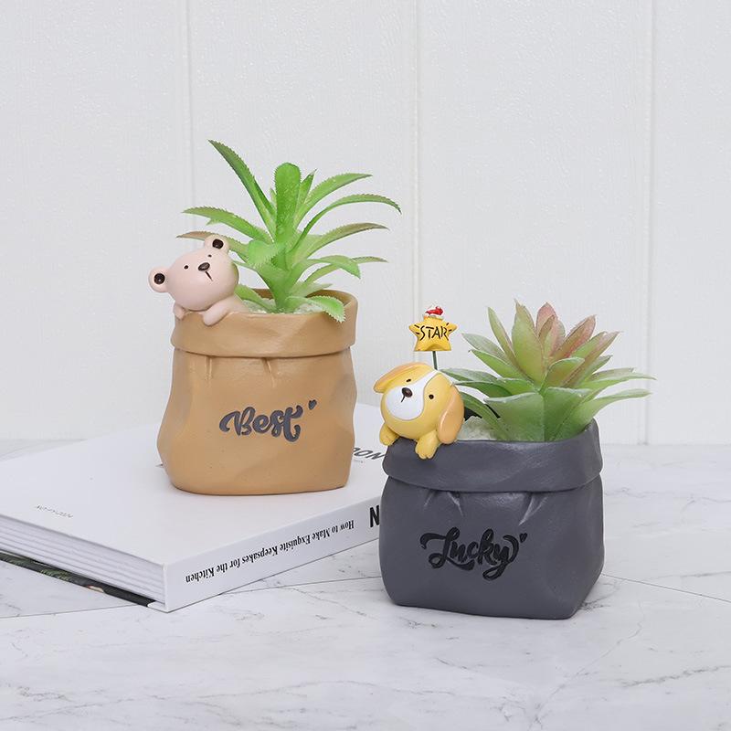 Chậu cây mọng nước hình túi giấy động vật hoạt hình resin, chậu mini trang trí bàn, văn phòng và tiểu cảnh (RG-102)