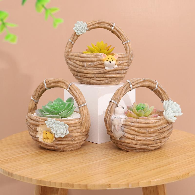 Chậu cây mọng nước hình giỏ tre resin, chậu mini động vật, trang trí tiểu cảnh và cây xanh (RG-259)
